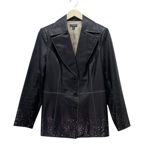 Vintage Classiques Entier Black Leather 3-Button Blazer Lasercut Trim Sz 10 Y2K - Picture 2 of 15